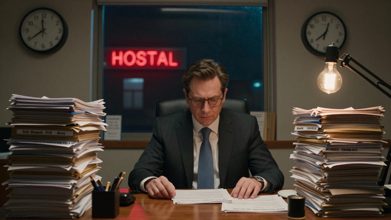 Lawyer surrounded by patent documents in dim office, clock showing late night hours.