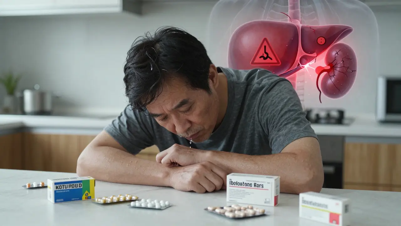 Man at kitchen table surrounded by empty medicine boxes, ghostly damaged liver and kidney visible behind him.