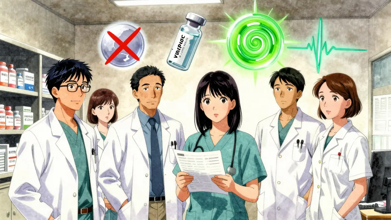 Medical team reviewing medication chart with floating icons of safe and unsafe drugs around a patient.