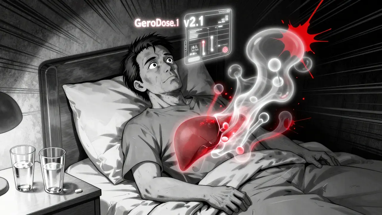 Older man dizzy in bed, toxic drug molecules swirling around his liver, GeroDose interface faintly visible.