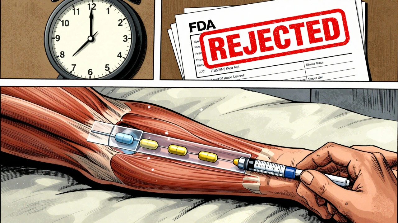 Patient&#039;s arm with transparent view of slow-releasing drug nanoparticles, overlaid with a rejected FDA stamp.