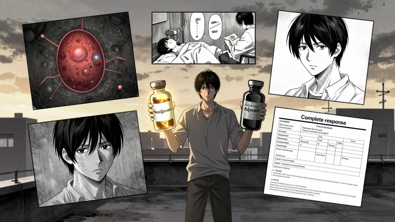 Patient on rooftop holding two vials representing neoadjuvant and adjuvant therapy, surrounded by memory fragments of treatment outcomes.