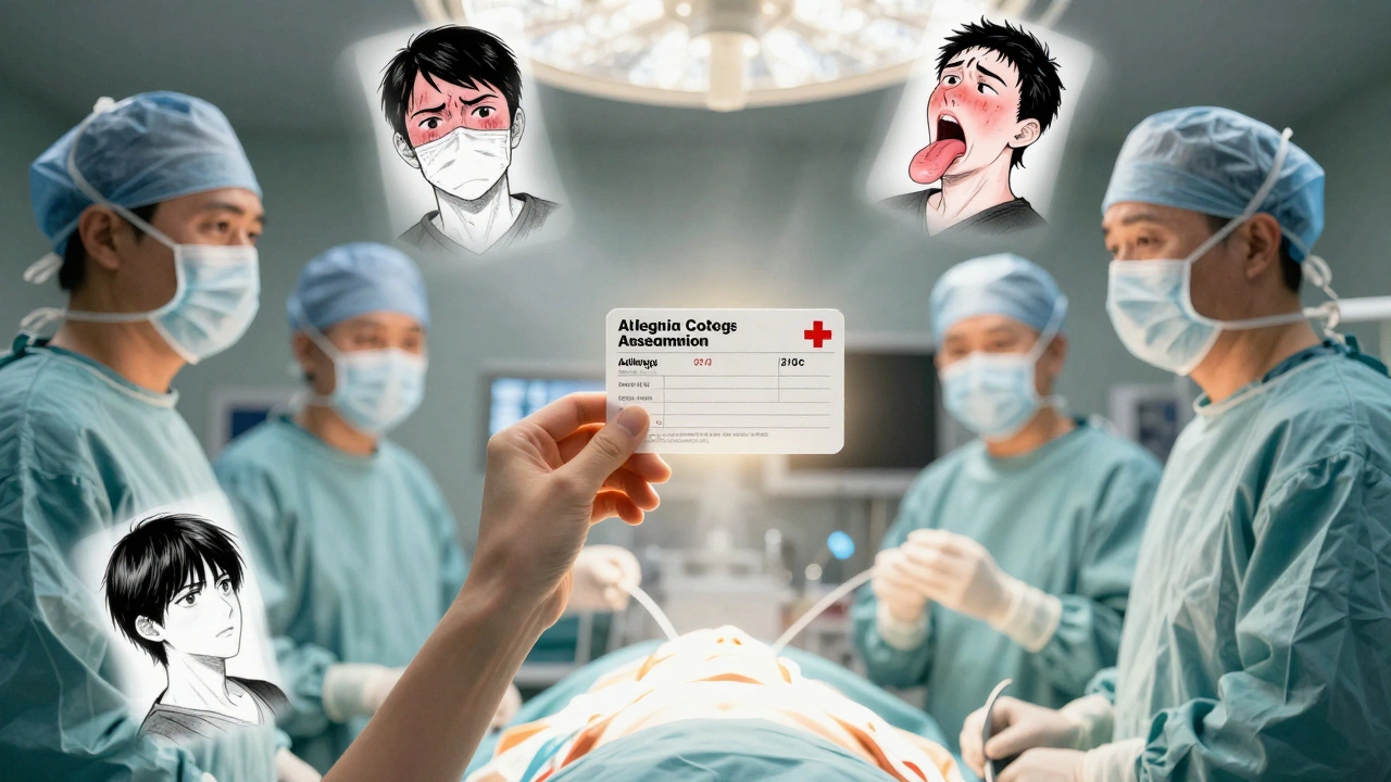 Patient presents allergy card in operating room as medical team reacts to past reaction memories.