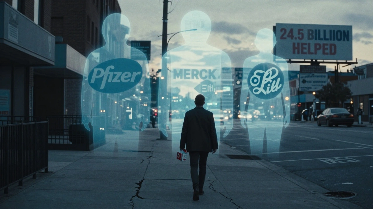 Person walking at dusk with medication as pharmaceutical logos loom like ghosts in background