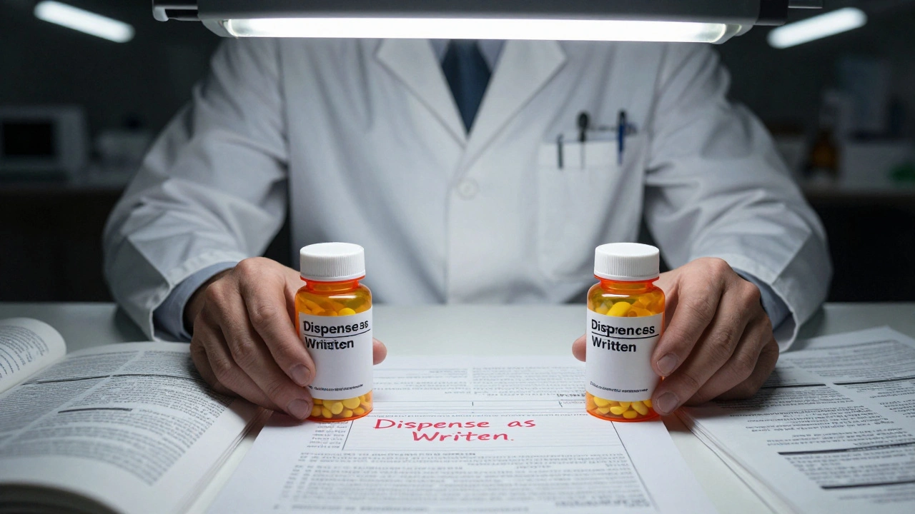 Pharmacist hesitating between brand and generic pill bottles with &#039;Dispense as Written&#039; prescription