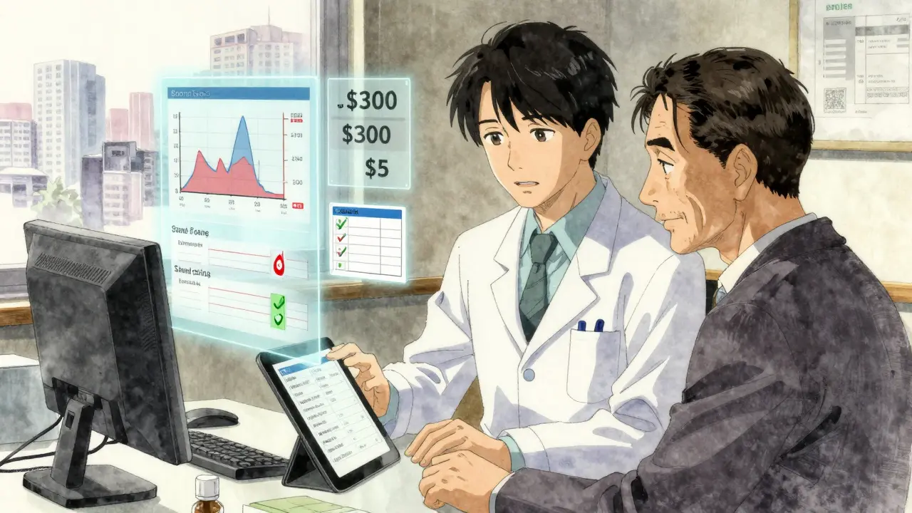 Pharmacist reviews medication data with an employee during a private therapy session in a quiet office.