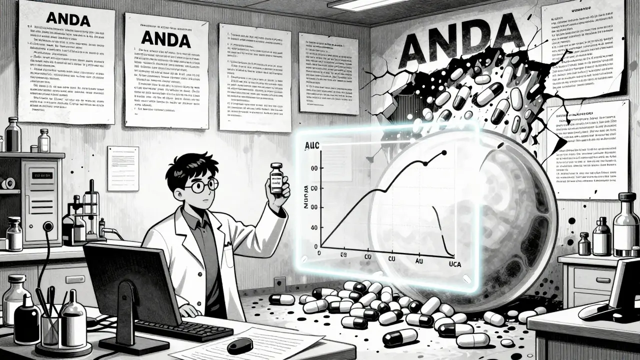 Scientist comparing generic and brand pill with bioequivalence blood flow overlay