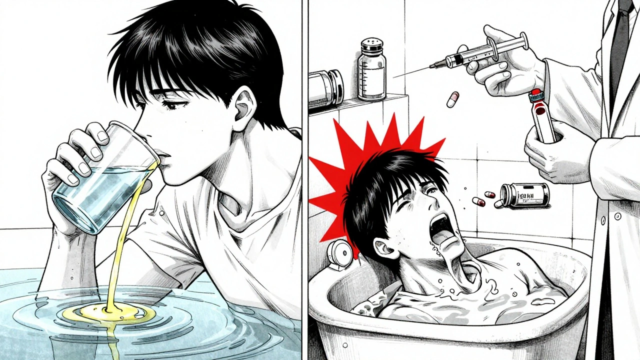 Split scene: one side calm hydration, other side vomiting with lithium levels spiking and medical supplies nearby.