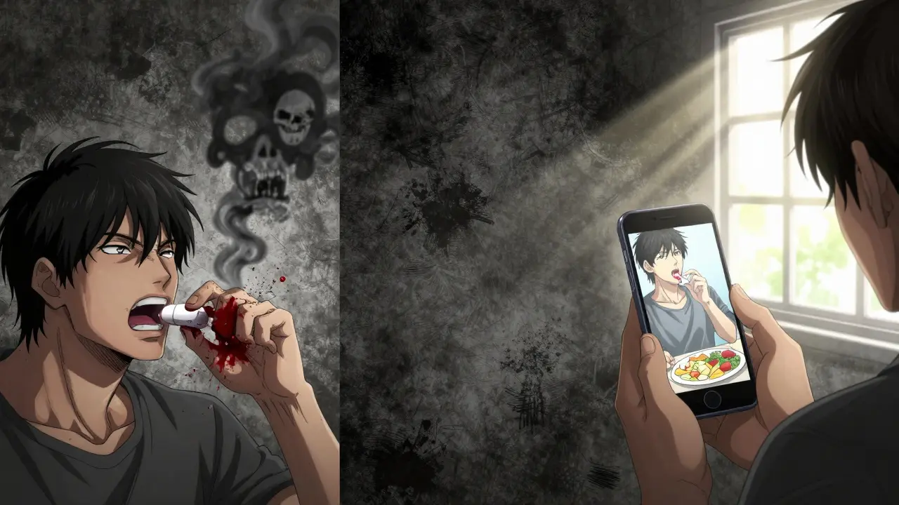 Split scene: one side shows a pill being crushed dangerously, the other shows a helpful AR animation, symbolizing the choice between risk and safety.