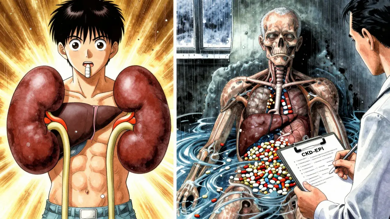 Split scene: young vs. aging organs processing medication, one efficient, one sluggish.