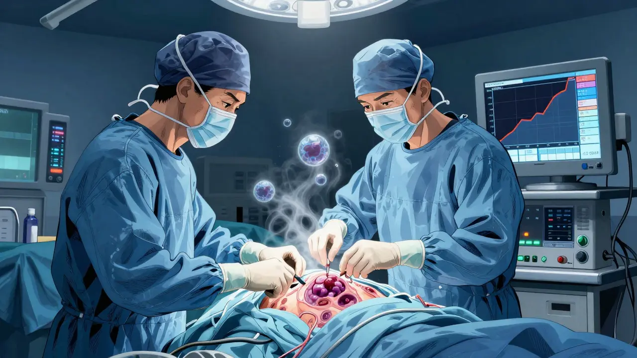 Surgeons removing a tumor reduced by immunotherapy, with ghostly cancer cells dissolving and ctDNA levels dropping on a monitor.