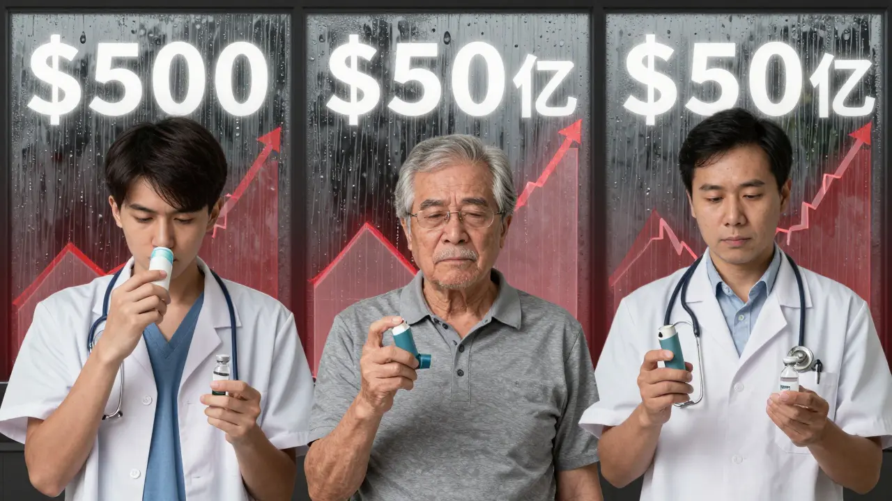 Three diverse patients holding generic medications with financial savings graphs fading behind them in a rainy urban setting.