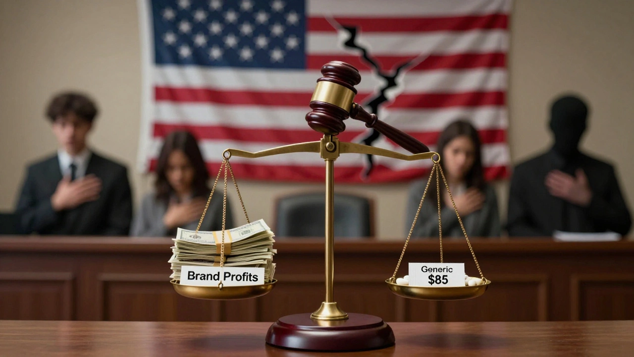 Torn American flag above courtroom scale weighing brand profits against cheap generic pill.