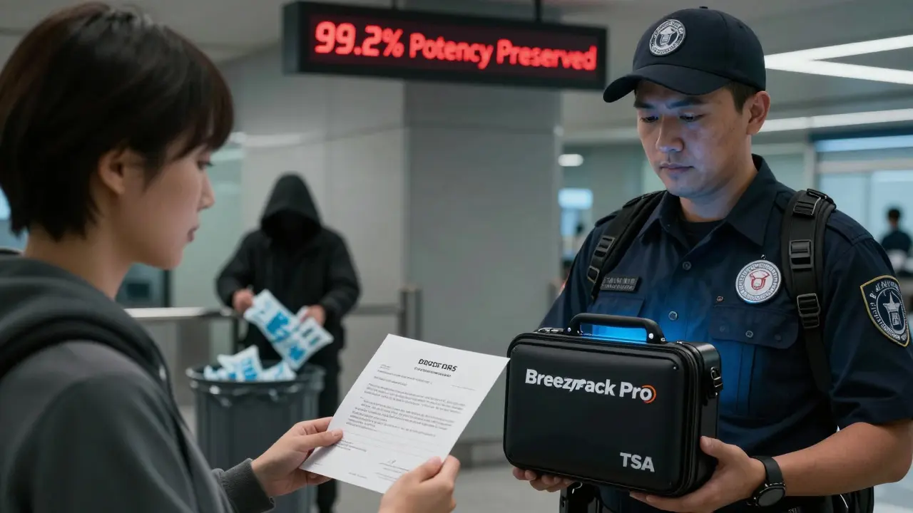Traveler presenting medical cooling device at airport security with glowing tech.