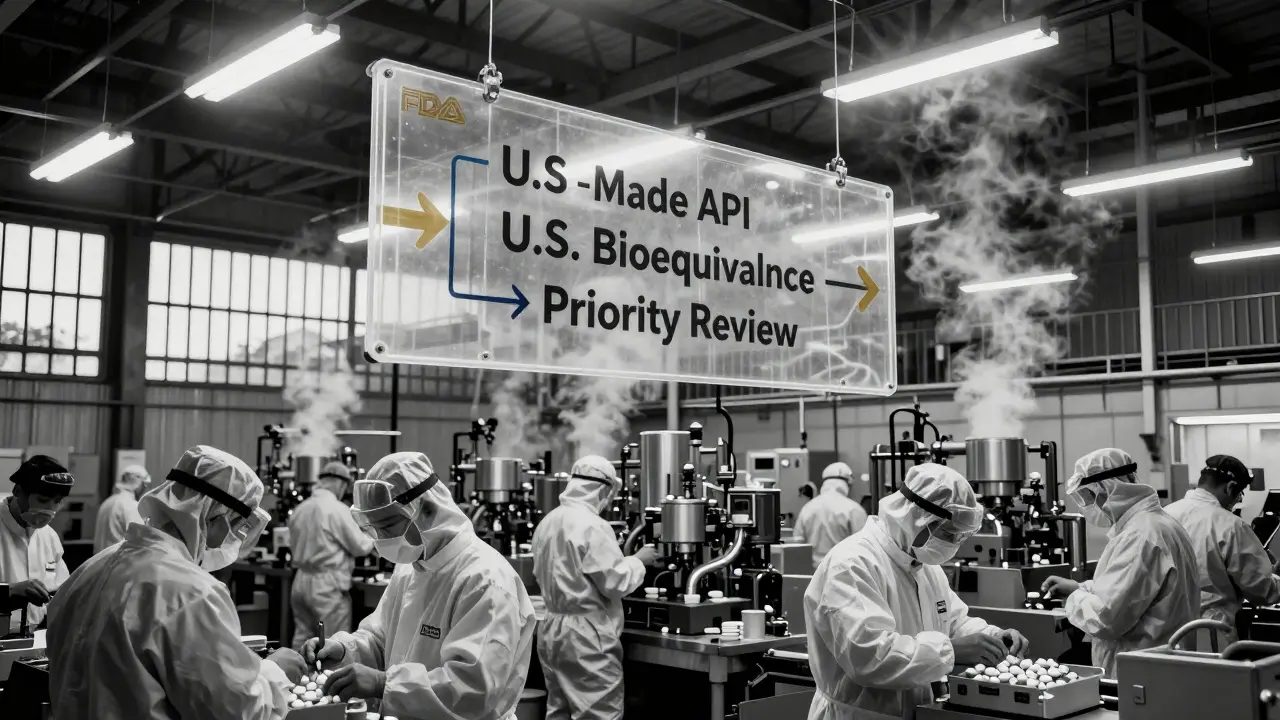 U.S. generic drug manufacturing facility at dawn with flowchart showing priority review requirements.