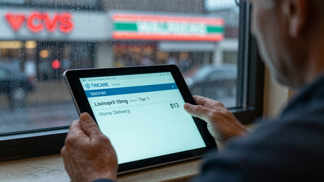 Veteran checking TRICARE formulary on tablet with drug costs displayed