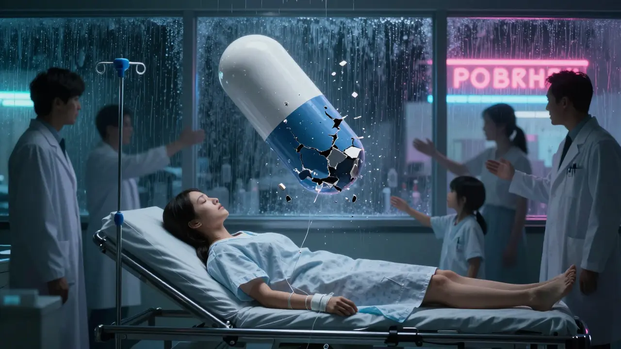 Woman in hospital bed with giant fractured OTC pill above her, medical staff and family silhouettes in background.
