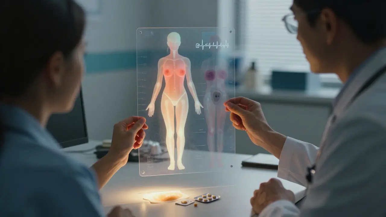 A doctor and patient review a transparent body overlay showing health benefits versus risks of hormone therapy.