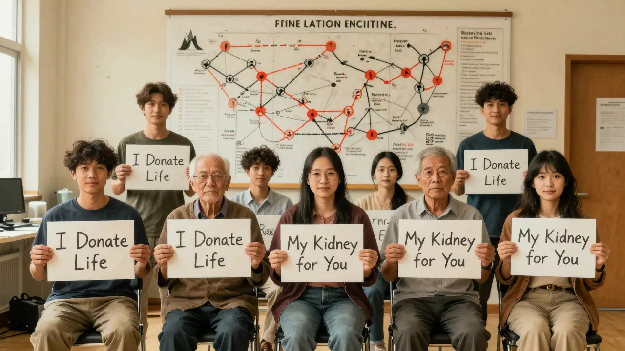 A group of donors and recipients stand together in a community space, holding signs of hope and connection.