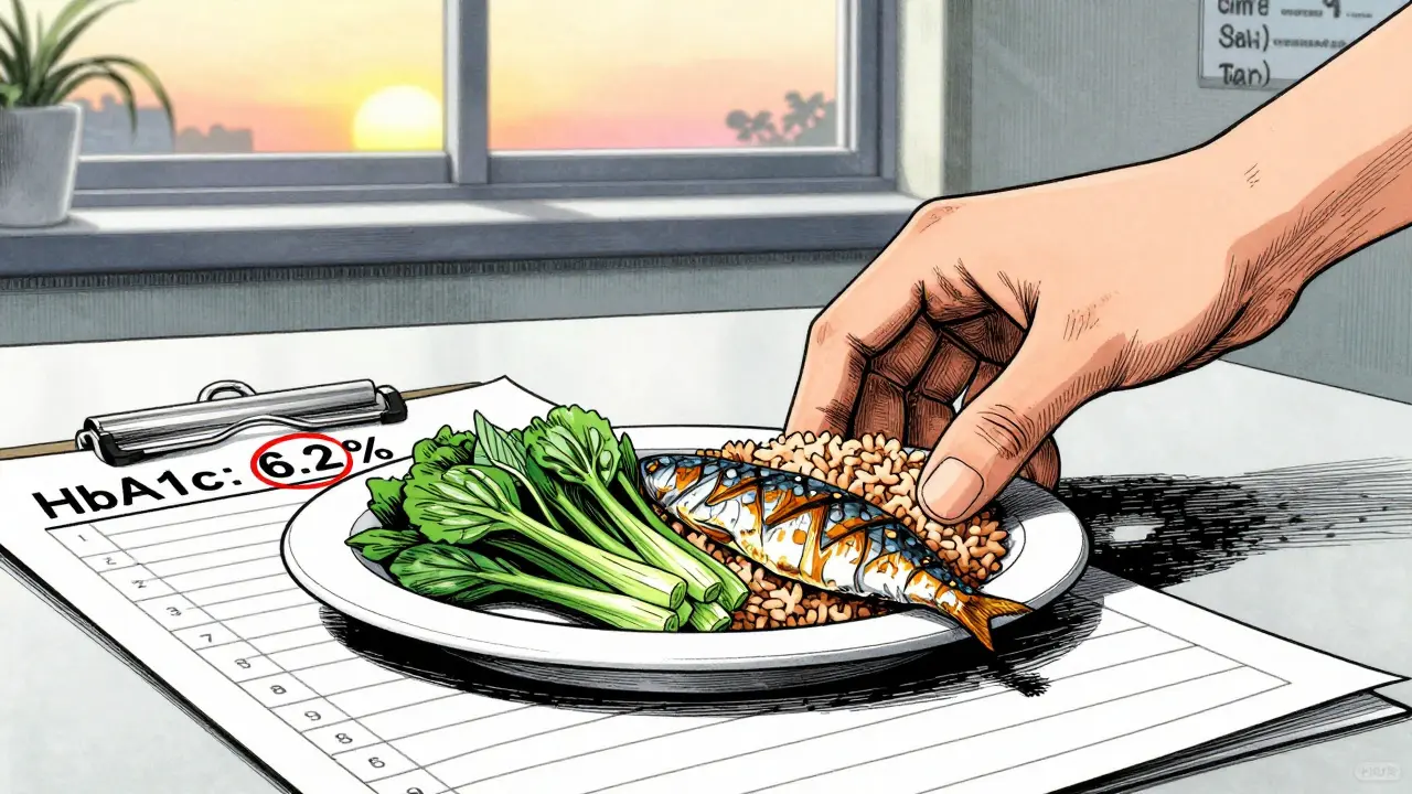 A healthy meal is placed beside a medical chart showing improved HbA1c levels, with sunrise reflected in a hospital window.