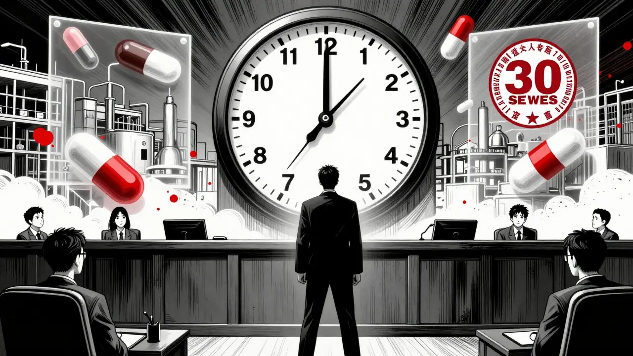 A lawyer faces a countdown clock in court, surrounded by floating images of pills and rivals in a high-stakes patent battle.