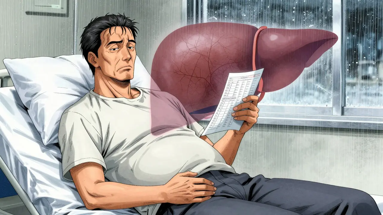 A man on a hospital bed clutching blood test results, his abdomen swollen, translucent liver damage visible behind him in dark ink wash.