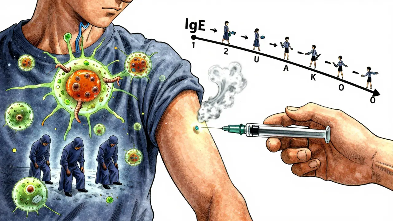 A medical scene showing allergen injections transforming immune cells into calm figures, with fading allergens and a timeline of recovery.