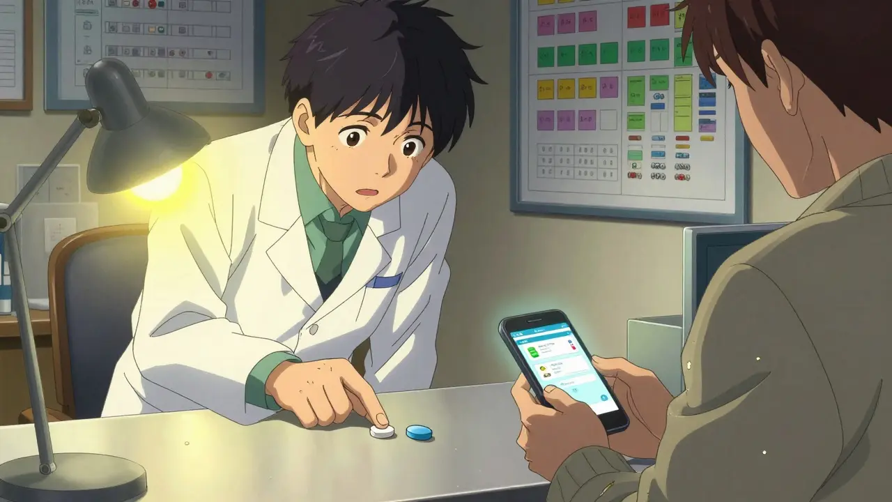 A pharmacist shows two different-looking pills to a patient using a smartphone app to identify them.