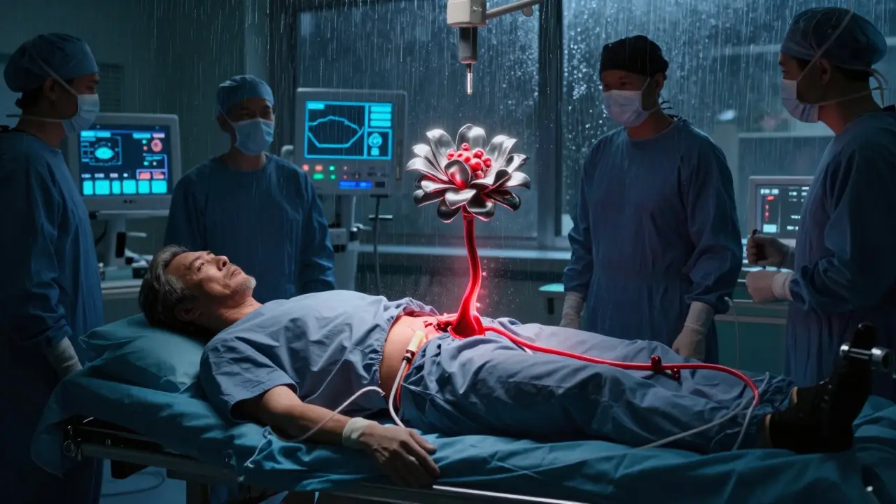 A TAVR procedure underway, catheter delivering a new valve into the aorta, medical team in shadow.