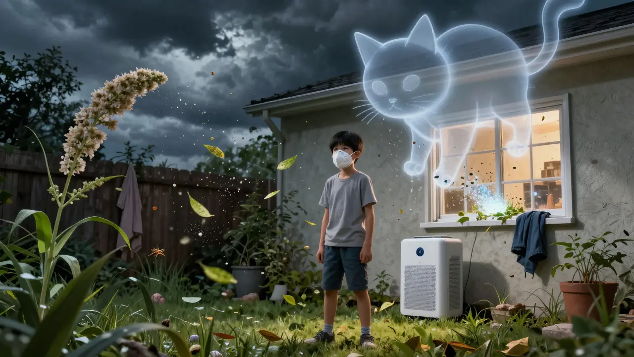 A teenager wearing a mask in a pollen-filled yard, with a giant cat silhouette casting invisible allergens over the house.