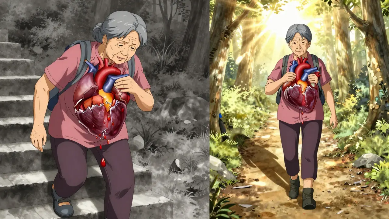 A woman before and after mitral valve repair, one side struggling, the other hiking with renewed strength.