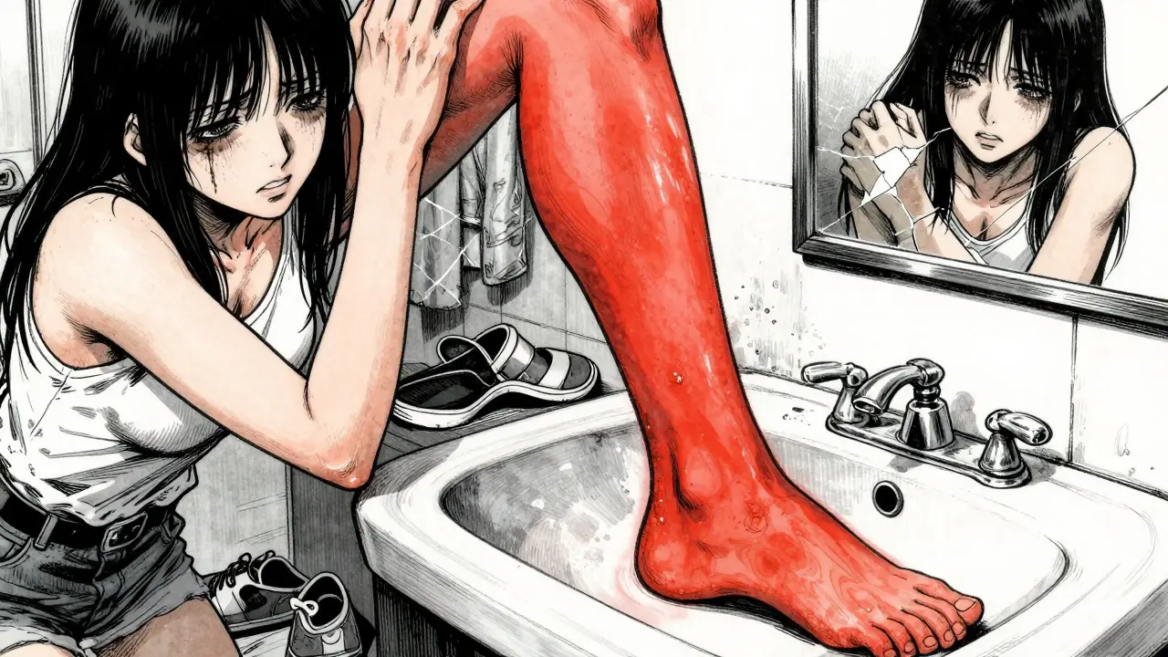 A woman’s swollen, red leg with oozing fluid, illuminated by harsh bathroom light, in Gekiga style.