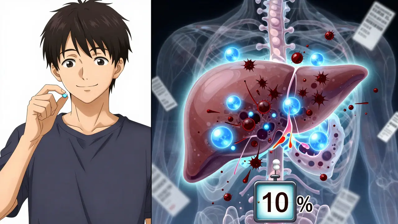 Abstract liver with toxic molecules overwhelming protective shields in a split-panel scene.