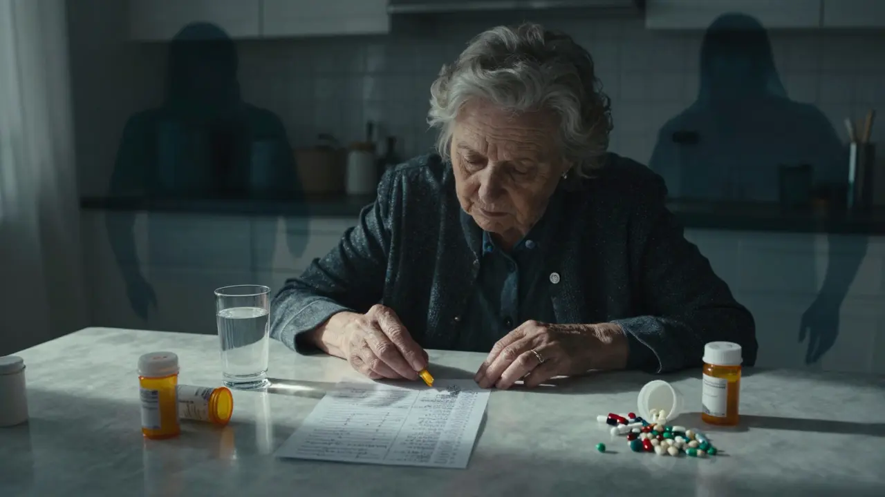 An elderly woman at home surrounded by pill bottles and a handwritten medication list.