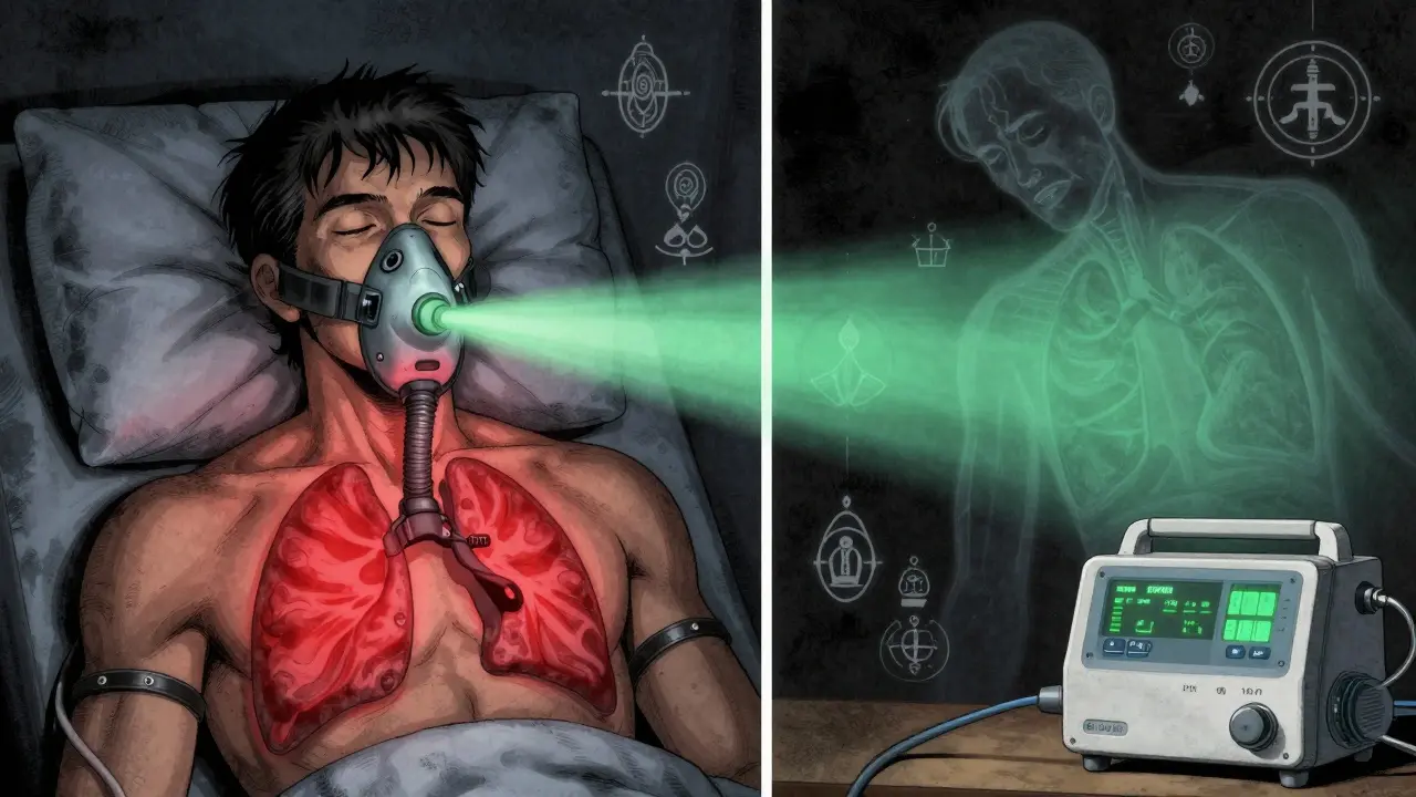 BiPAP machine showing two distinct pressure waves for inhale and exhale in detailed manga shading.