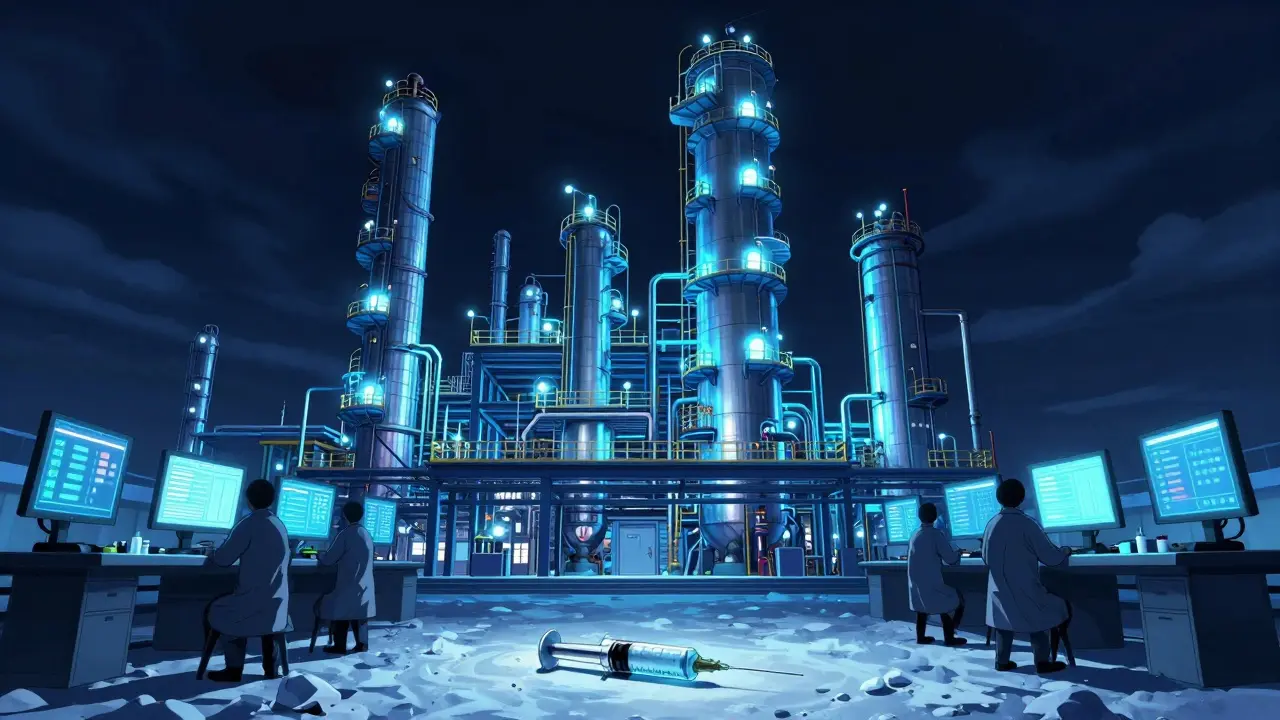 Chinese chemical plant at night with glowing reactors and an abandoned syringe in the snow.