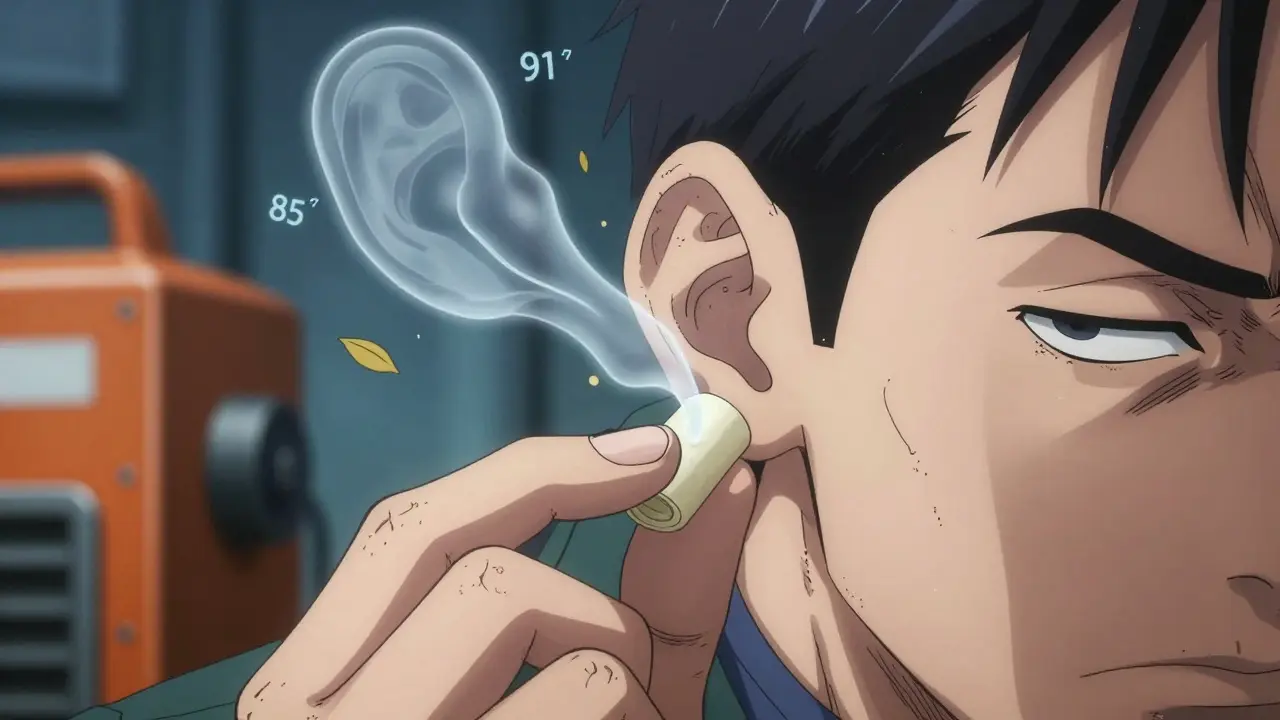 Close-up of incorrect earplug insertion with fading inner ear hair cells dissolving into smoke.