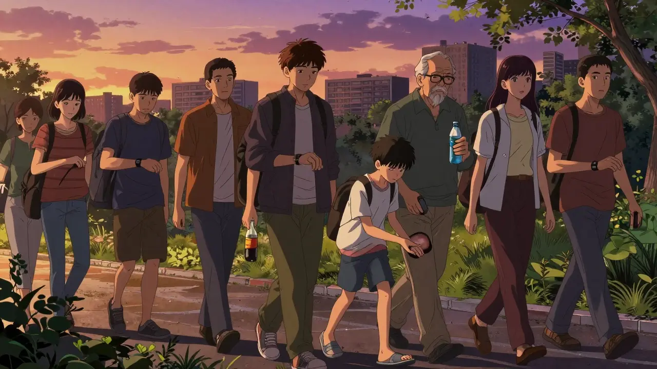 Diverse individuals walk in a park at sunset, some checking glucose monitors, one helping another examine their foot for injuries.