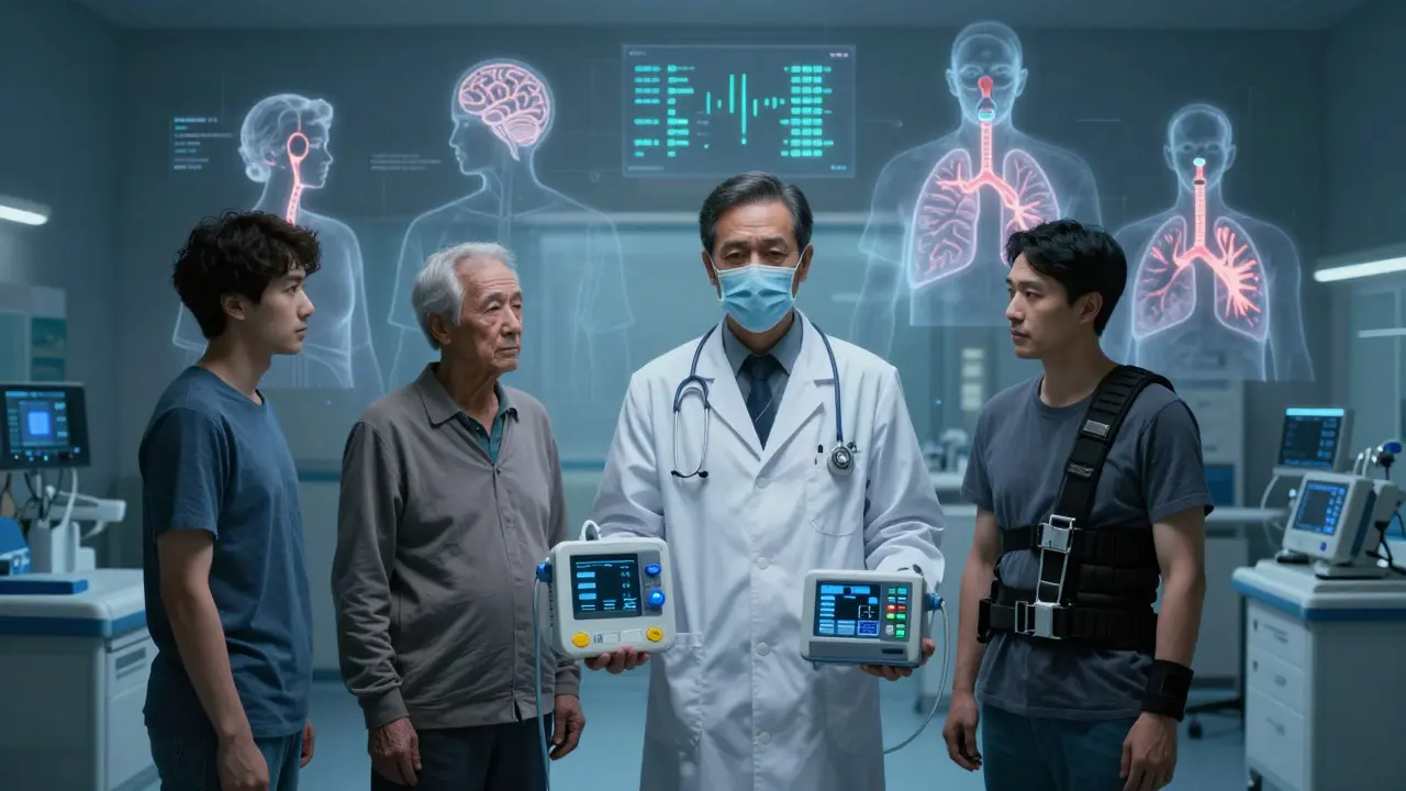 Doctor holding CPAP and BiPAP devices as patients with different conditions stand in silhouette.