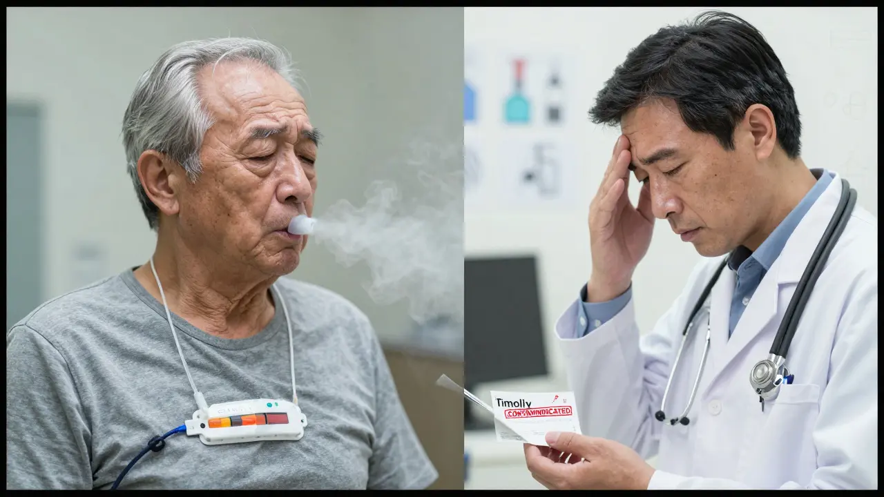 Elderly man with asthma and pacemaker, doctor rejecting beta blocker prescription.