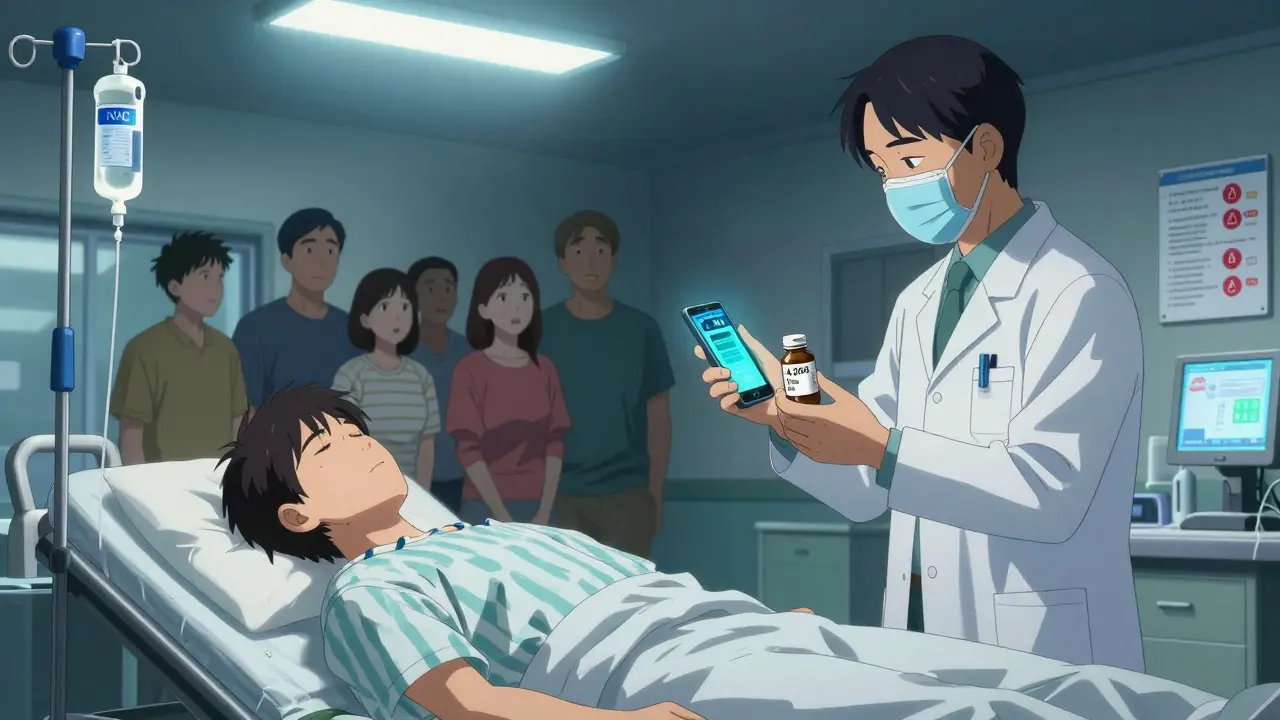 Emergency room with patient receiving NAC treatment, pharmacist scanning pill barcode on phone.