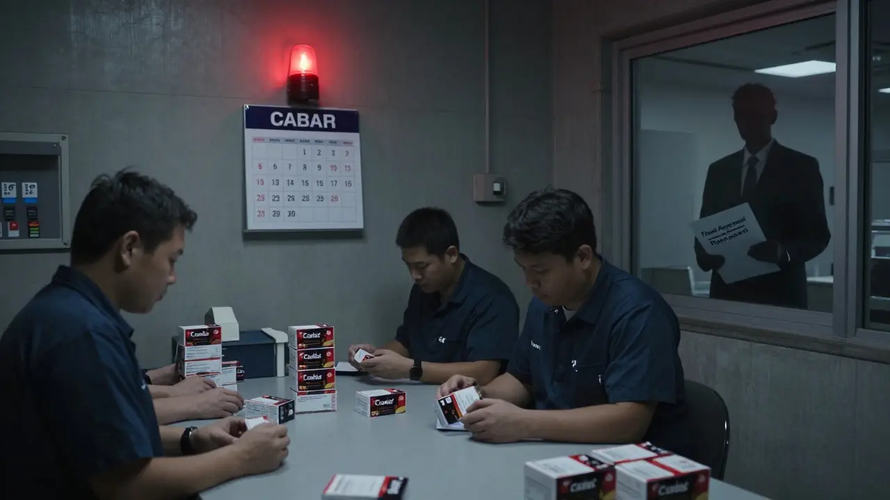 Factory workers pack generics at midnight as a final approval deadline looms, one red alarm light glowing.