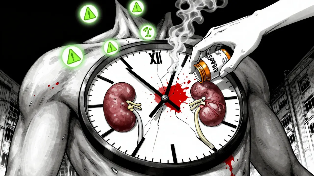 Fractured clock embedded in torso showing kidney failure stages, hand smashing a pill bottle with warning symbols.