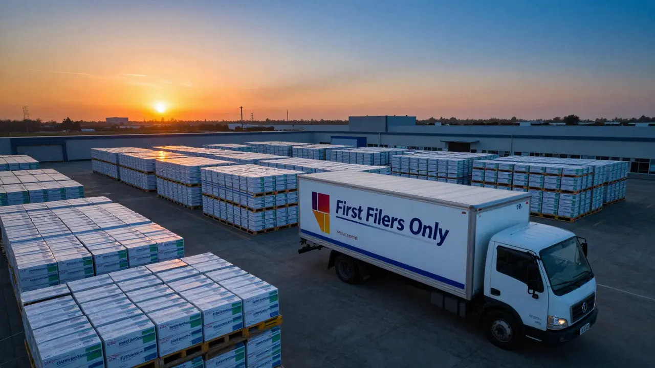 Generic drug box being loaded at dawn while others sit unused, symbolizing 180-day market exclusivity.