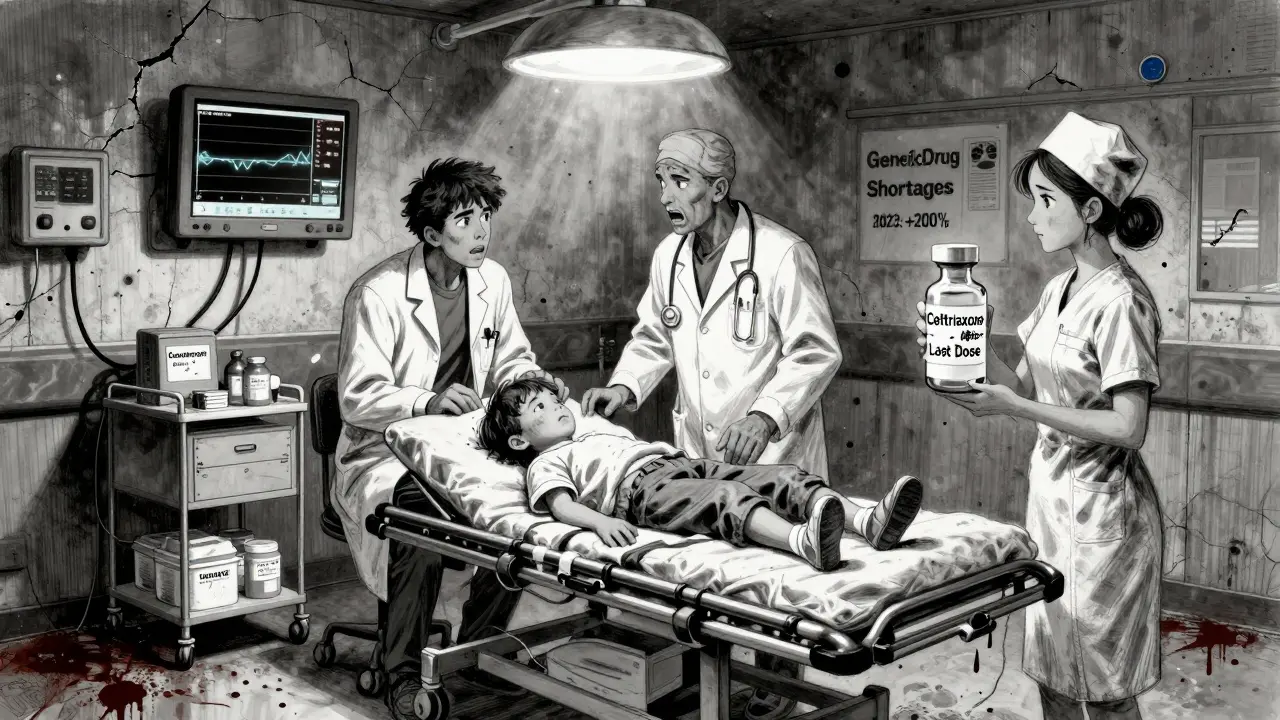 Hospital ER staff arguing over a single antibiotic vial while a sick child lies on a gurney.