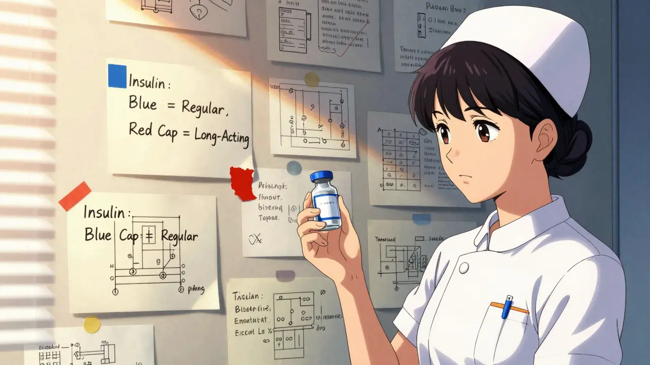 Hospital wall with color-coded insulin labels, nurse holding correct vial at dawn.