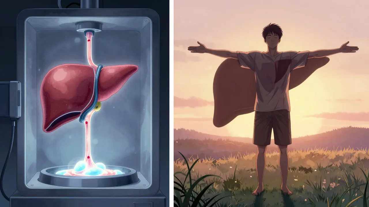 Left: a liver being revived in a machine; right: a transplant recipient standing at sunrise, shadow shaped like a healthy liver.