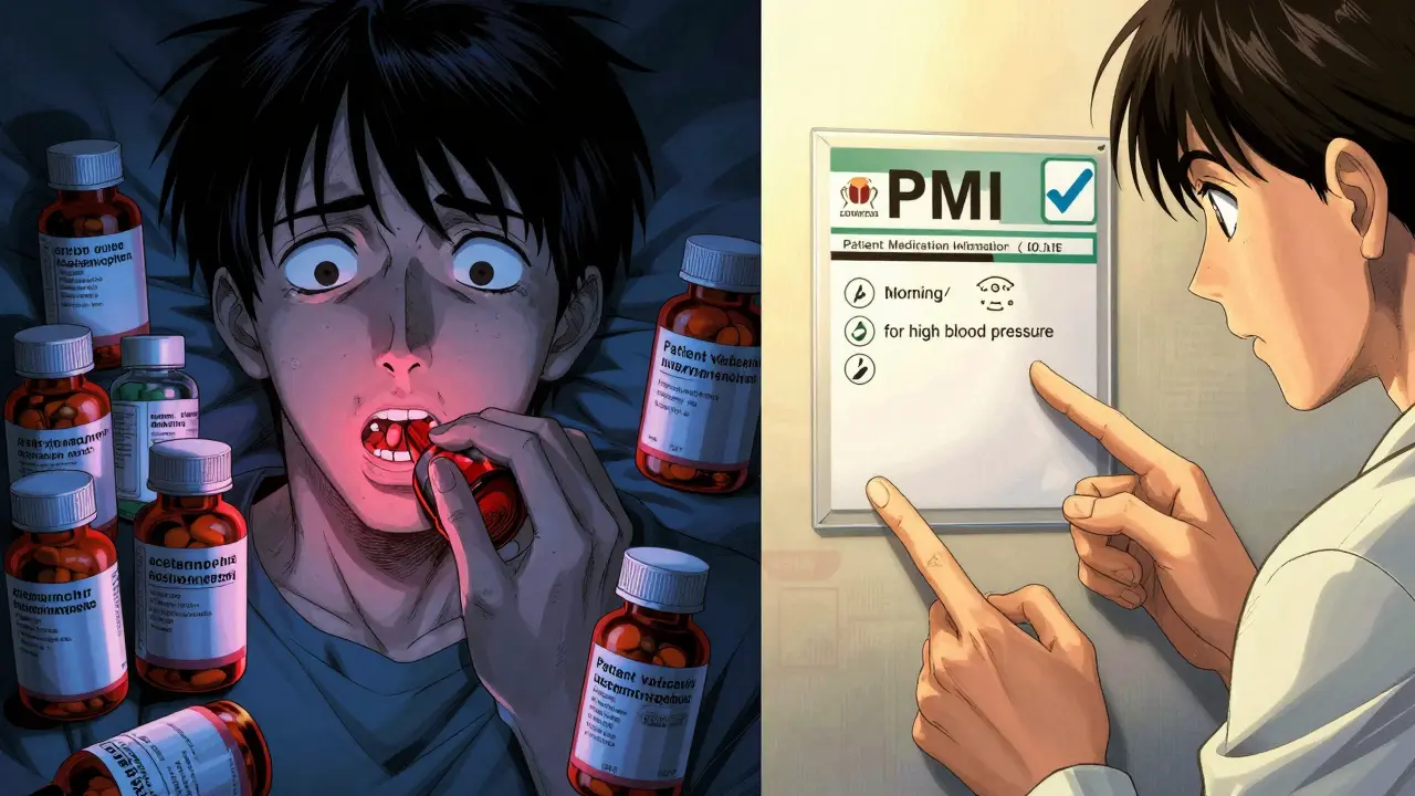 Man taking multiple pills with glowing active ingredients, contrasted with a pharmacist showing a clear medication label.