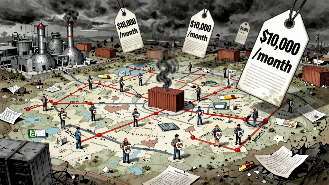 Map of global drug supply chain under stormy sky, patients holding generics against giant price tags.