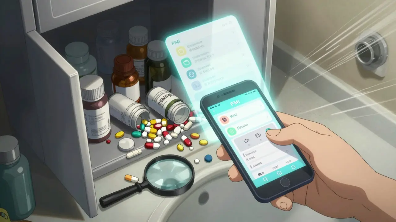 Medicine cabinet spilled with pills and expired bottles, smartphone projecting a simplified medication guide above.